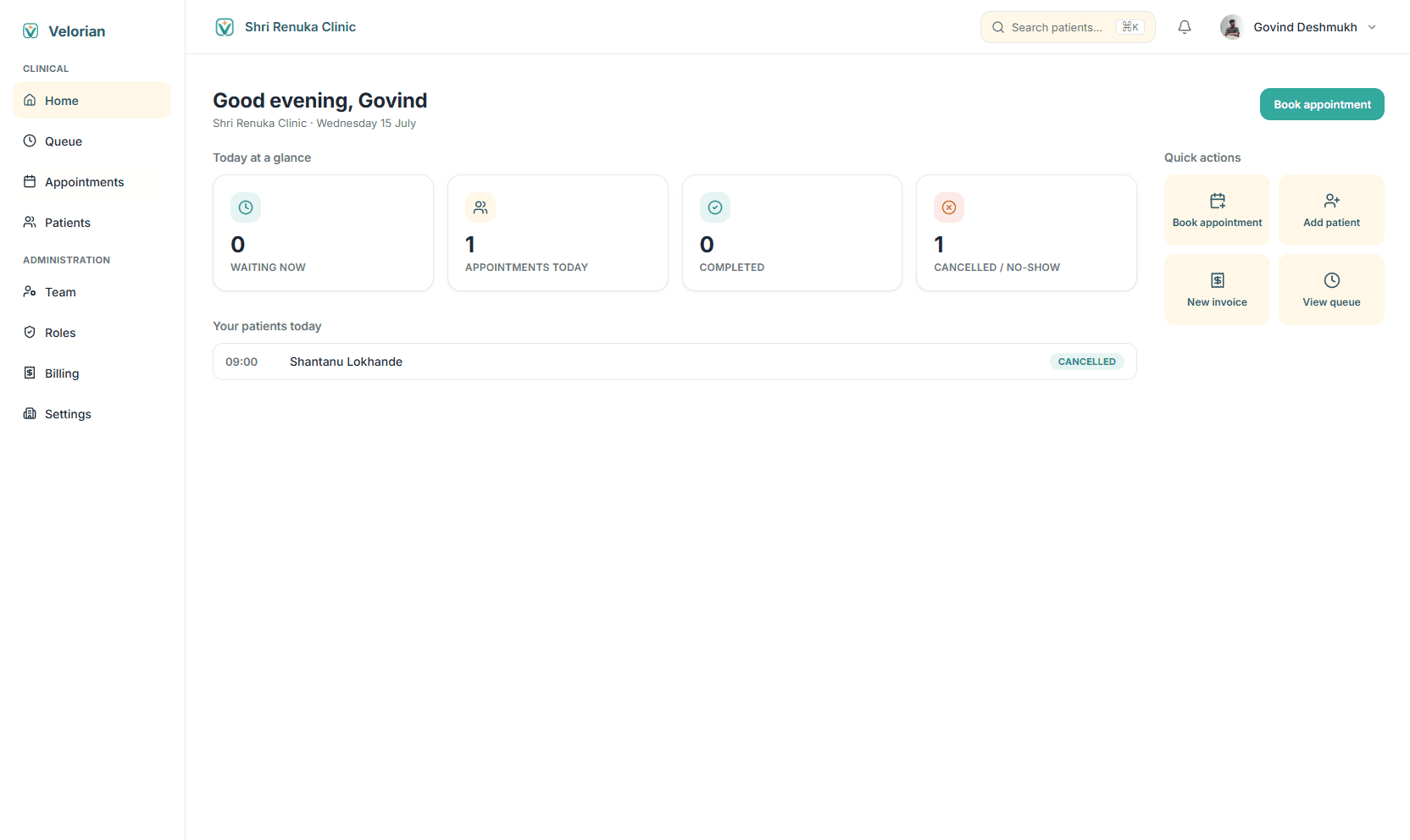 Velorian dashboard showing today's appointments, patient queue, and quick actions for a clinic's front desk